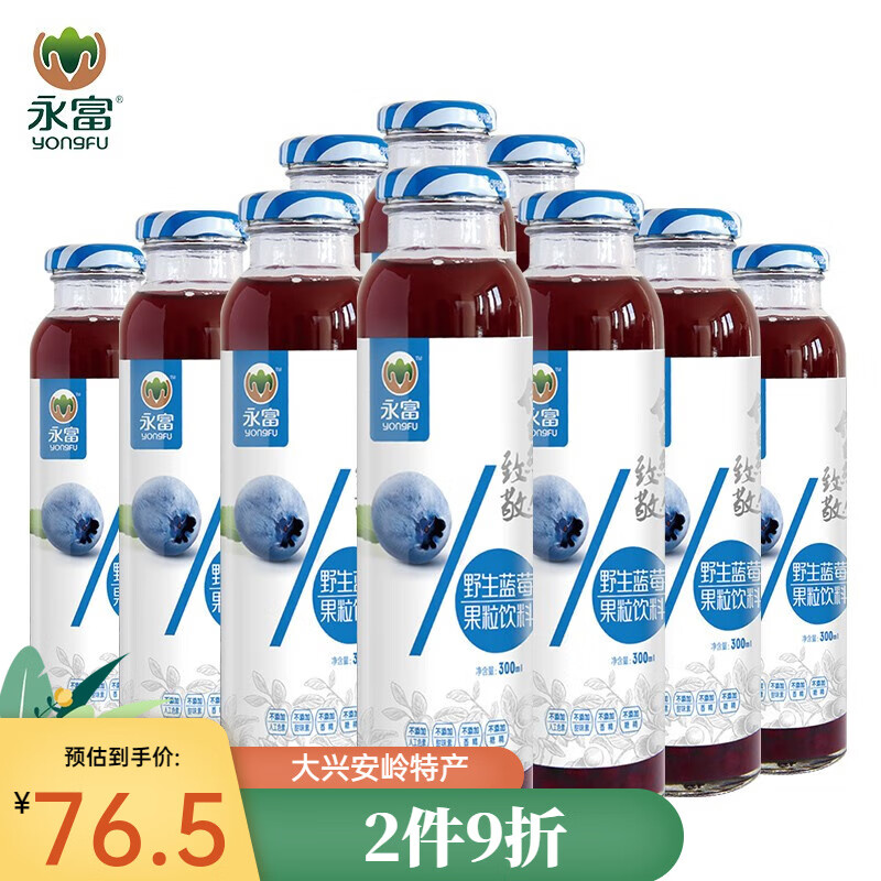 永富 大兴安岭野生蓝莓汁300ml*10瓶 果粒果汁 东北特产 年货节饮料