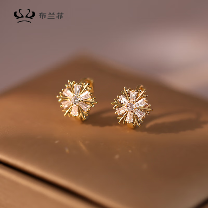 布蘭菲雪花耳釘氣質(zhì)高級感耳環(huán)小眾設計耳扣女小巧精致夏季新款耳飾2023 金色色 雪花耳扣