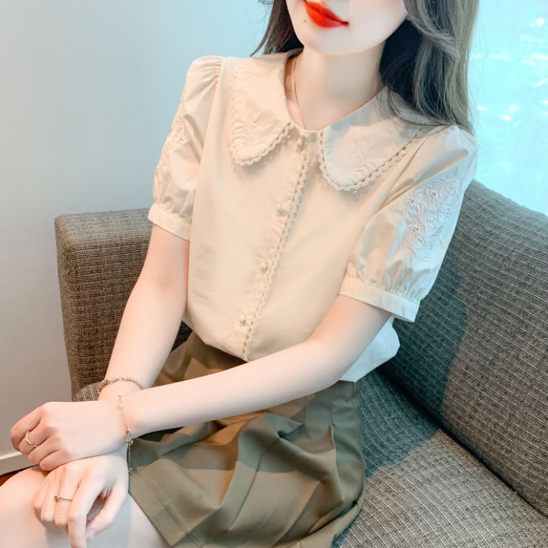 叶紫枫（YEZIFENG）短袖衬衫女夏季新款娃娃领泡泡袖雪纺衫刺绣设计感显瘦女士上衣 奶杏色 XL