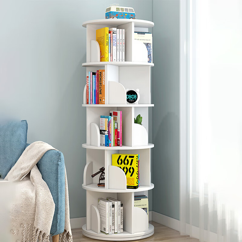 安尔雅旋转书架落地360度书柜绘本架学生创意置物收纳架子升级款5层白色