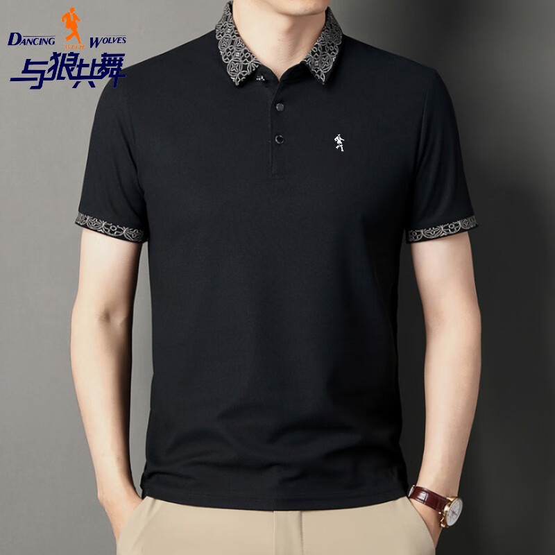 与狼共舞与狼共舞华夫格短袖t恤男士夏季纯棉翻领潮流百搭上衣男装