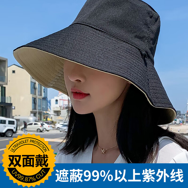 粉色森林 盆帽女 夏韩版潮日系网红双面遮脸防紫外线帽大沿防晒遮阳渔夫帽 (双面款)米色和黑色送防风绳 均码(56-58cm)