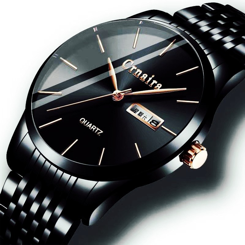 卡奈亚(crnaira)商务男表双日历简约防水钢带男士手表多功能日历星期