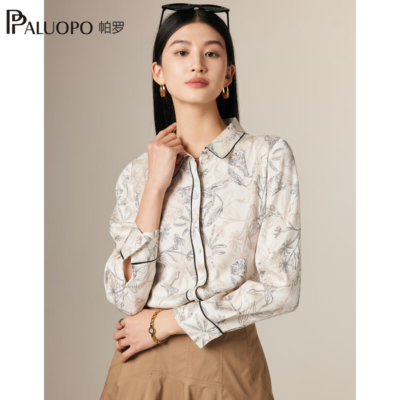 帕罗（PALUOPO）19姆米弹力双乔桑蚕丝夏长袖印花微弹衬衣休闲文艺上衣衬衫女 白底花 XL (170/92A)