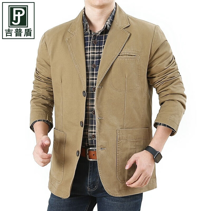 秋季中年男士小西装外套水洗棉时尚男装 卡其色 m-170cm/120斤左右