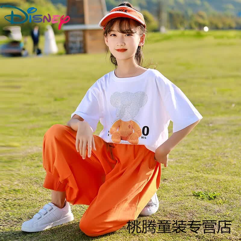 迪士尼(disney)童装女童套装夏装中大儿童3-12岁小女孩短袖t恤休闲