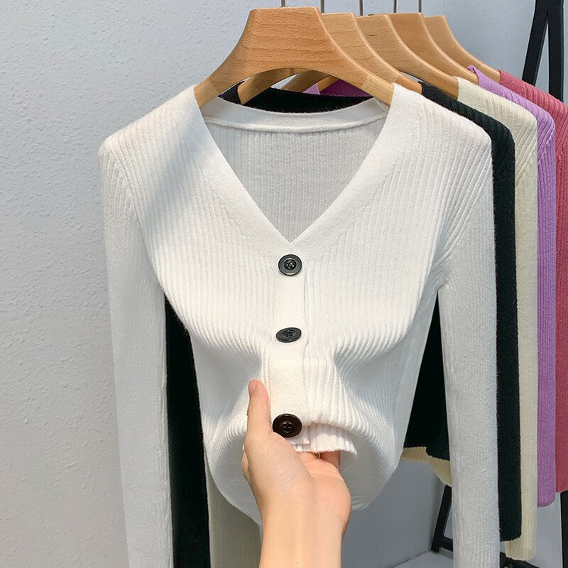 彼岸鸟白色针织衫女内搭长袖打底衫24新款欧货女装气质领单排扣开衫