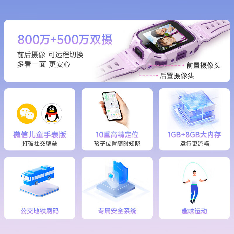 360【旗舰高配版】360 11X儿童电话手表微信QQ双支持10重定位高清视频通话学生智能手表 香芋紫（高清双摄+超大内存+刷卡乘车） 儿童电话手表11X