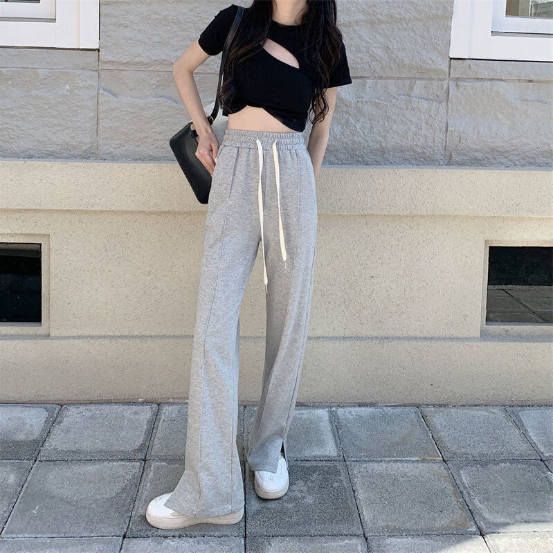 搭145小个子穿搭夏季新款直筒开叉阔腿裤女1 灰色小个子适合145-155cm