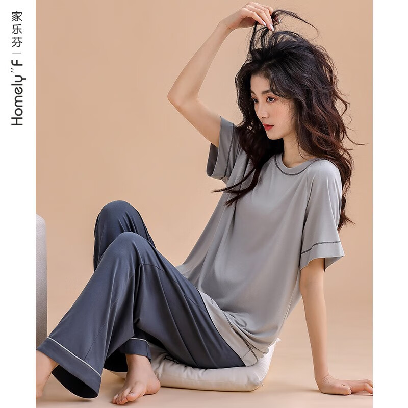 家乐芬【莱卡棉】家乐芬睡衣女士夏季纯棉短袖长裤家居服夏天夏款可外穿 823517浅灰色（95%棉，5%氨纶） XL 码 （体重120-145斤)