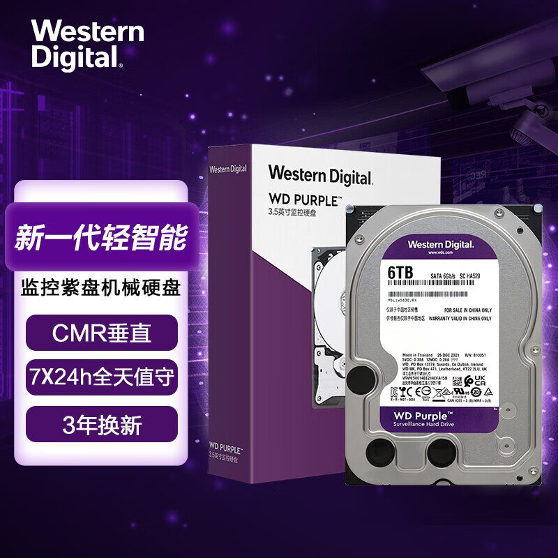 西部数据（WD） 紫盘 6TB SATA 256M 垂直CMR 监控硬盘 (WD63EJRX)