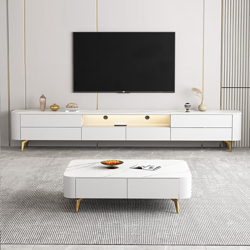 玛蒂丽 奶油风岩板电视柜茶几组合客厅现代简约小户型白色高脚电视机柜 2.0米电视柜