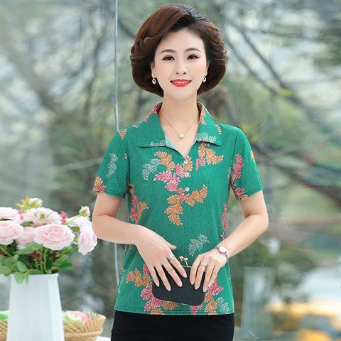 糖哆有领t恤女短袖冰丝短袖t恤女短袖妈妈装60岁老人衣服夏天老年人t