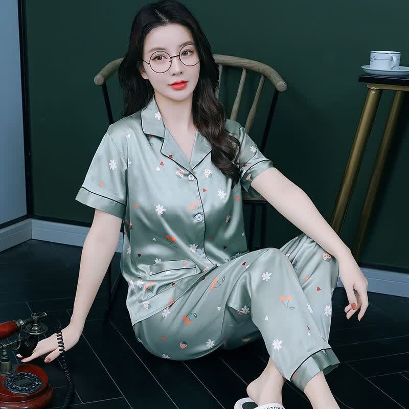 莫代尔睡衣女士夏季新款冰丝短袖长裤仿真丝韩版夏天薄款宽松家居服套装 短长苏梅点点香 XL （120-135斤）