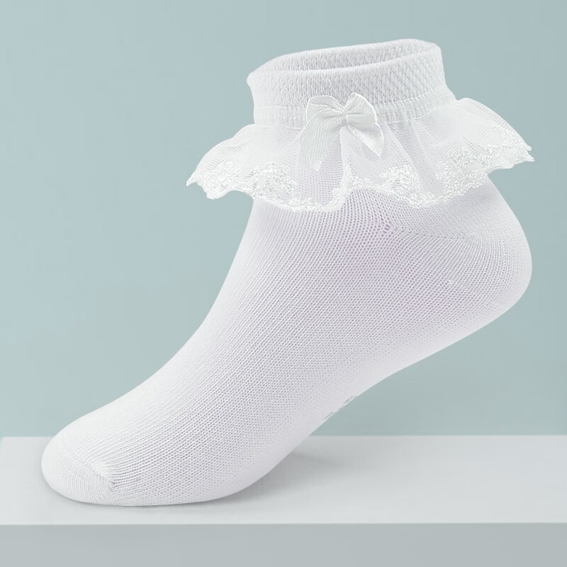 舞蹈袜蕾丝女童袜子 小女孩公主宝宝春夏纯色袜子 (单层花边)3双白色