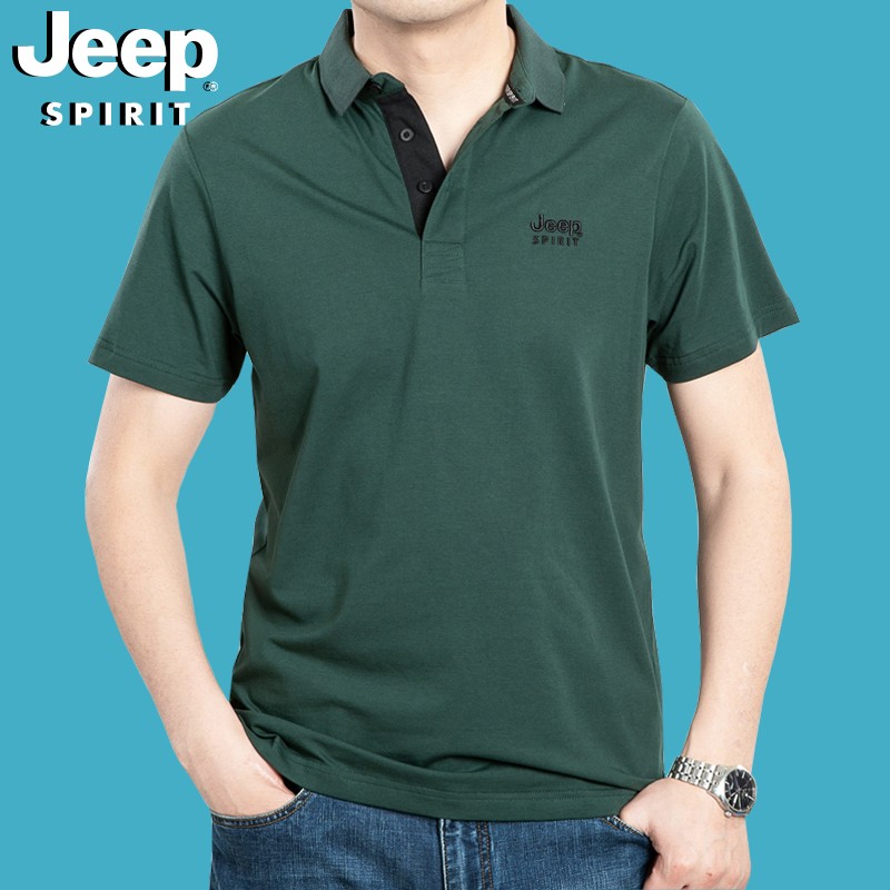 吉普(jeep)短袖t恤男polo翻领商务休闲棉质微弹半袖撞色门襟上衣3006