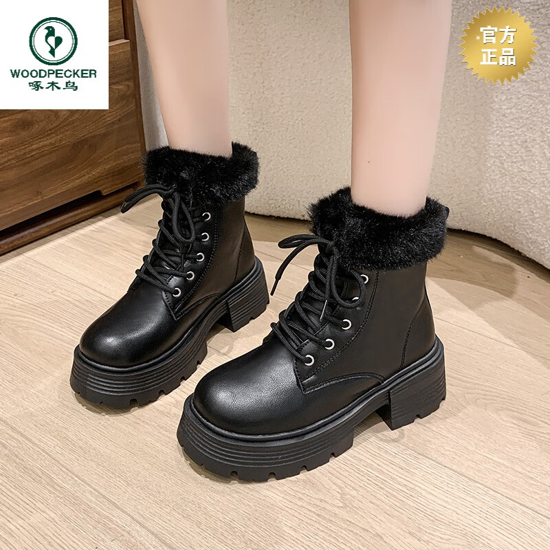 啄木鸟增高马丁靴女款加绒靴子2024新款英伦风厚底短靴冬季防水雪地靴