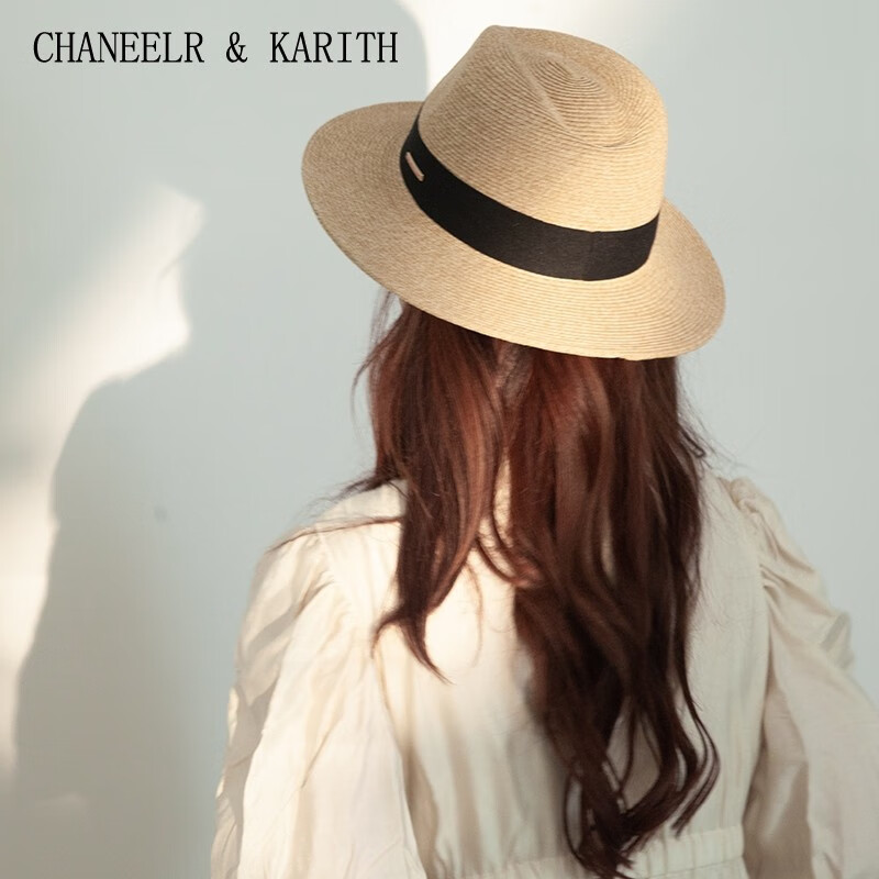 CHANEELR & KARITH防晒帽复古草编帽女夏季防紫外线度假草帽英伦礼帽海边沙滩遮阳帽 黑色 织带 M(55-58cm)