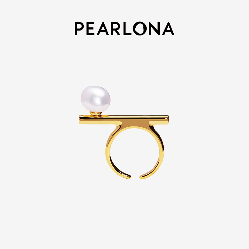 PEARLONA简单巴洛克不平衡开口珍珠戒指女潮开口戒指 金色