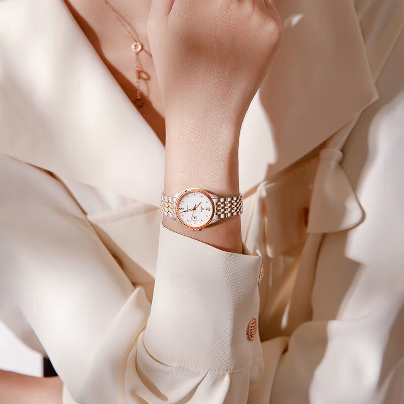 依波(EBOHR)手表女款大师系列自动机械女表优雅国表单历防水送女友七夕礼物 白盘间玫金钢带 51030124