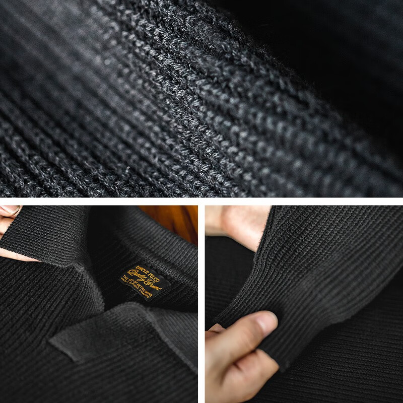 马登工装美式复古海鸥领polo衫宽松慵懒男士套头毛衣秋冬坑条针织衫男 黑色 【v领毛衣男/高级感毛线衣/男士冬季打底衫】 2XL