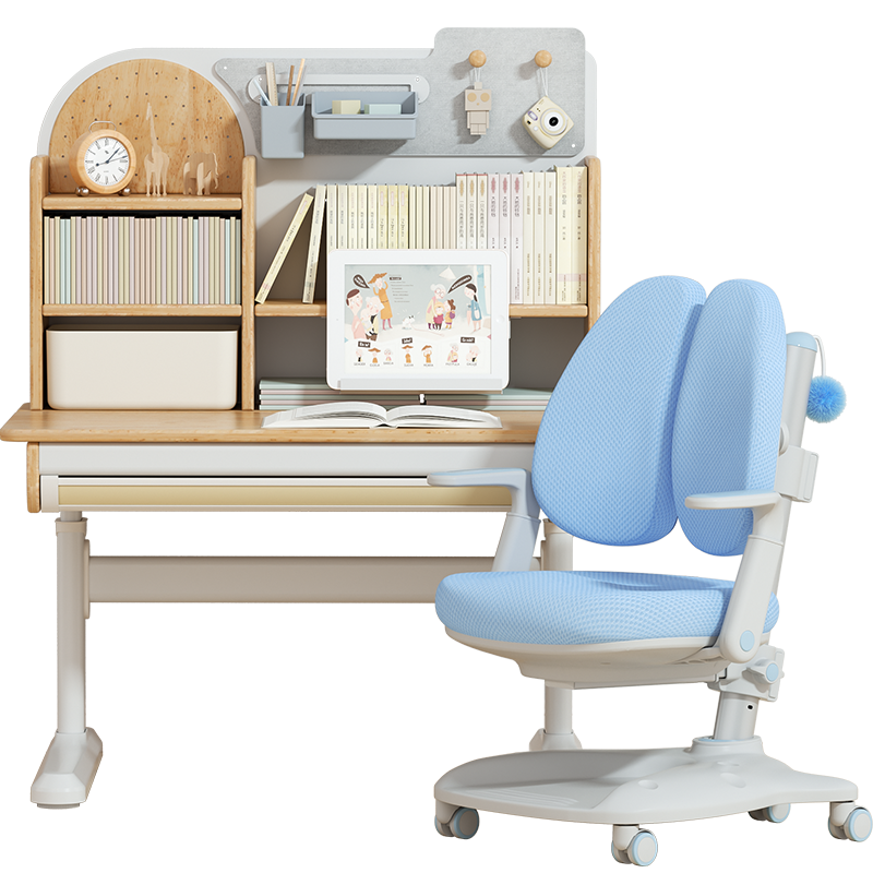 斯芬达 儿童学习桌椅 小学生书桌 实木桌椅 可升降书桌 儿童书桌椅套装 家用90CM写字桌 学习书桌N8C+Q1C蓝