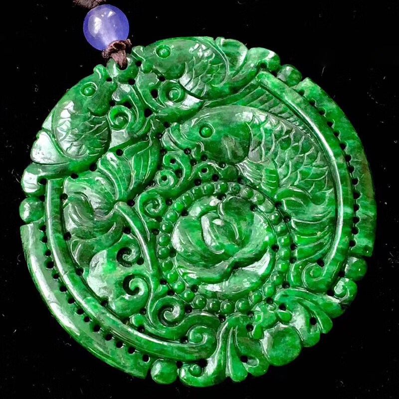 玉佳佳  翡翠冰花青灵鱼古圆牌吊坠 缅甸a货翡翠男女款珠宝项链送礼
