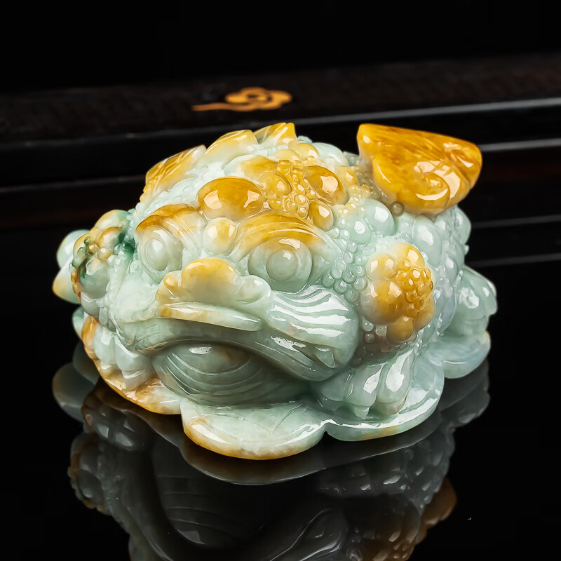 缅甸天然翡翠a货老坑精美黄翡金蟾摆件茶宠玉貔貅孤品翡翠