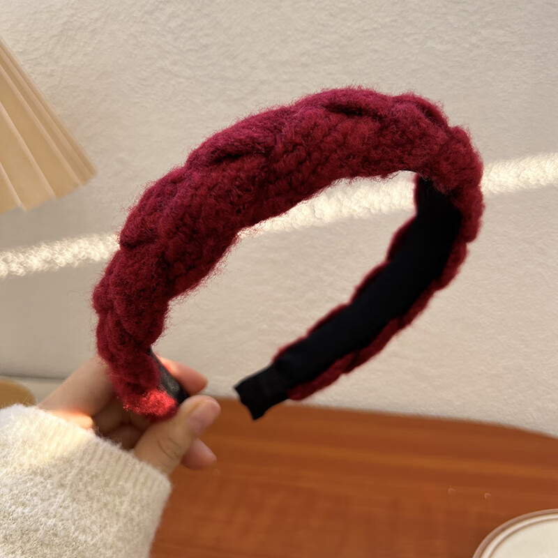 白红色毛绒发箍女高颅顶压发头箍秋冬2024新款洗脸发捆头饰 毛线麻花
