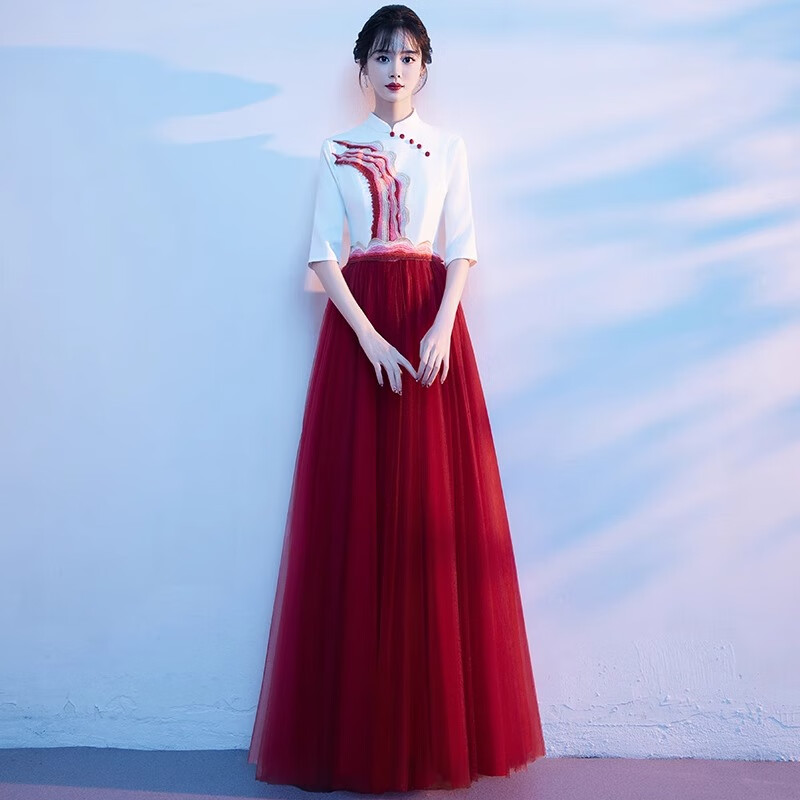 創(chuàng)京懿選禮服藝考女生中國風成人大合唱團演出服女氣質(zhì)晚禮服民歌獨唱藝考 酒紅色 XS