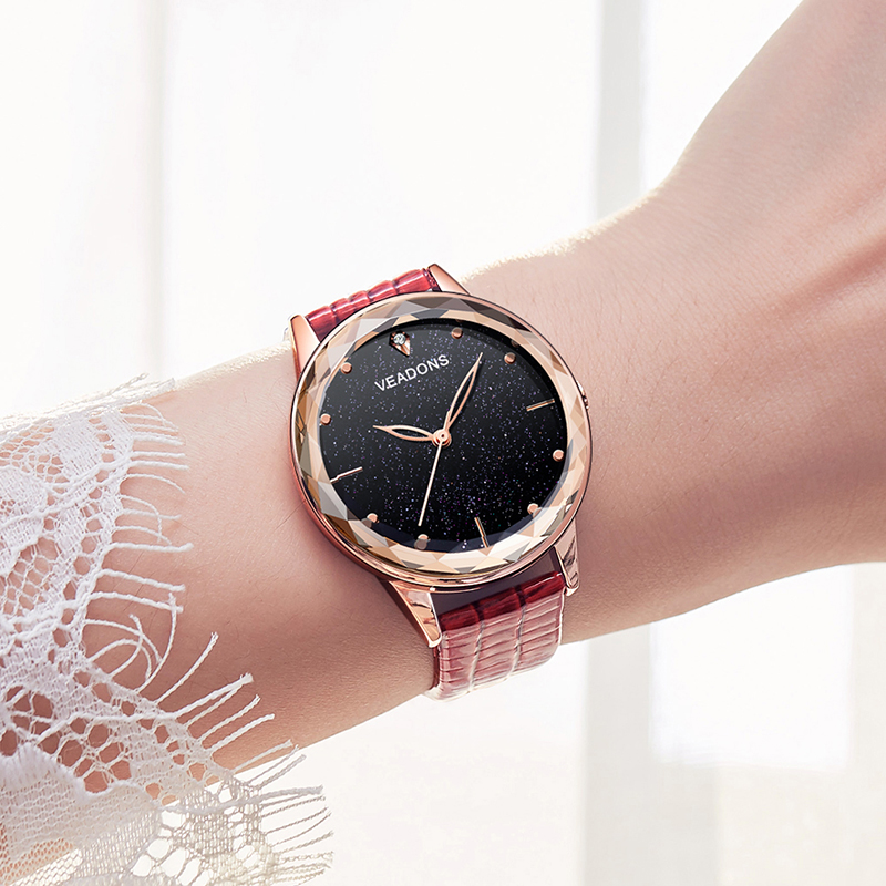 威顿手表女士时尚简约星空石英表防水皮带女腕表 vd013玫壳红皮带