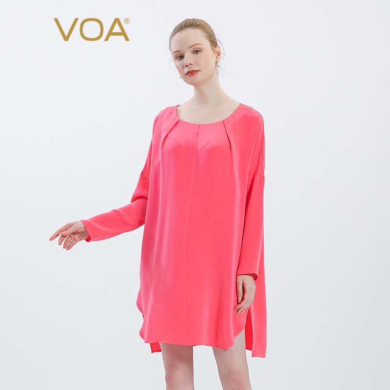 VOA30姆米重磅桑蚕丝圆领长袖时尚宽松舒适透气直筒套头真丝T恤 B111 玫红蔷薇（F44） 160/M