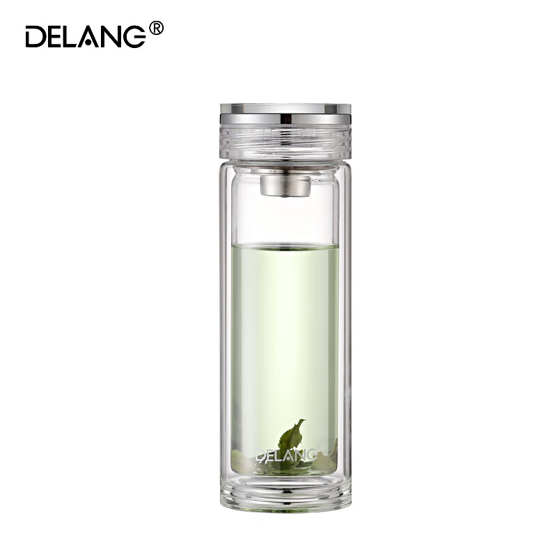德琅(DELANG)德国品牌水杯双层玻璃杯商务办公玻璃杯 茶水分离杯8003-镜面杯盖-茶滤款