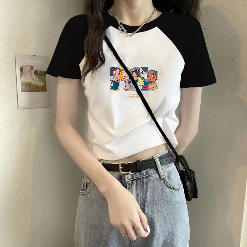 妃丽慕尚(feilimushang)纯棉正肩紧身高腰短袖t恤女夏季设计感小众