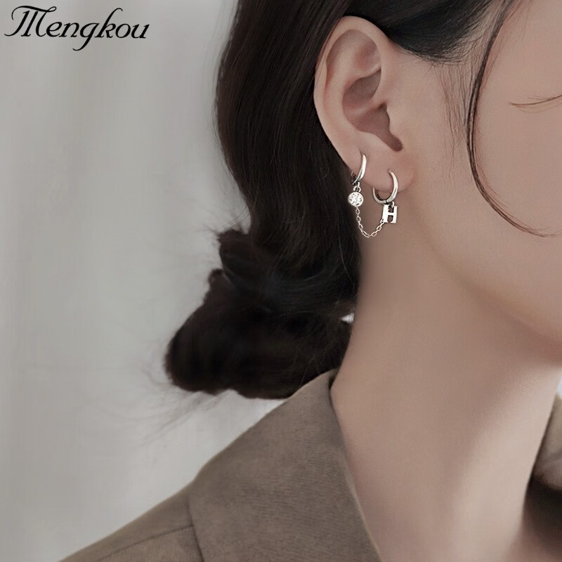 mengkou s925银字母h双耳洞耳环简约设计感连体耳扣女个性百搭气质网
