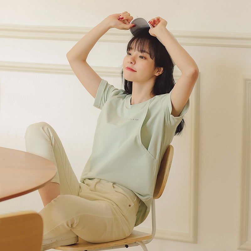 米度丽 哺乳衣上衣外出时尚产后喂奶衣打底衫夏秋宽松短袖t恤孕妇装夏装  MOMO 6916 豆绿 L码