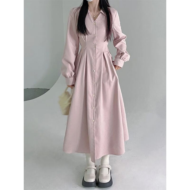 齐刻气质女人中长1款极简衬衫裙蚂蚁腰 衬衫连衣裙露腰长1款收腰v领长