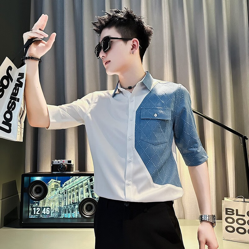 卡度顿夏季小码男s号修身短袖衬衫潮流矮个子xs码修身发型师中袖衬衣