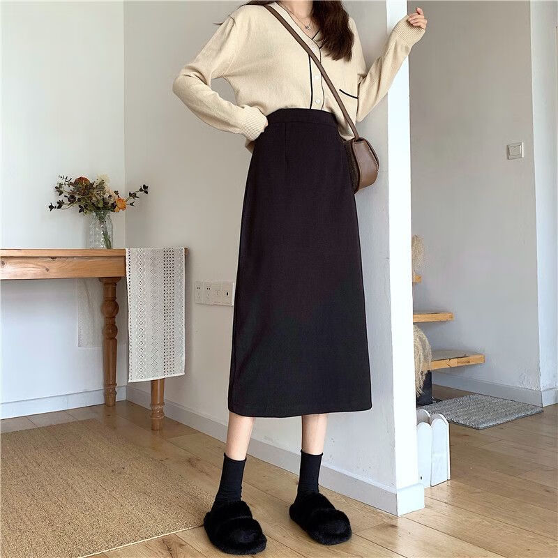 雷黛茜毛呢半身裙秋冬韩版百搭a字裙中长款小个子高腰开叉一步包臀裙子 厚款 黑色  正常版长度 【毛呢面 M