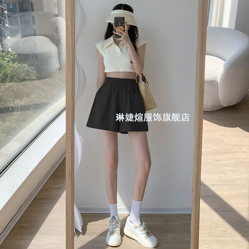 蒂洛缇娜韩版百搭复古短裤女夏季高腰款阔腿a字型热裤宽松显瘦慵懒风