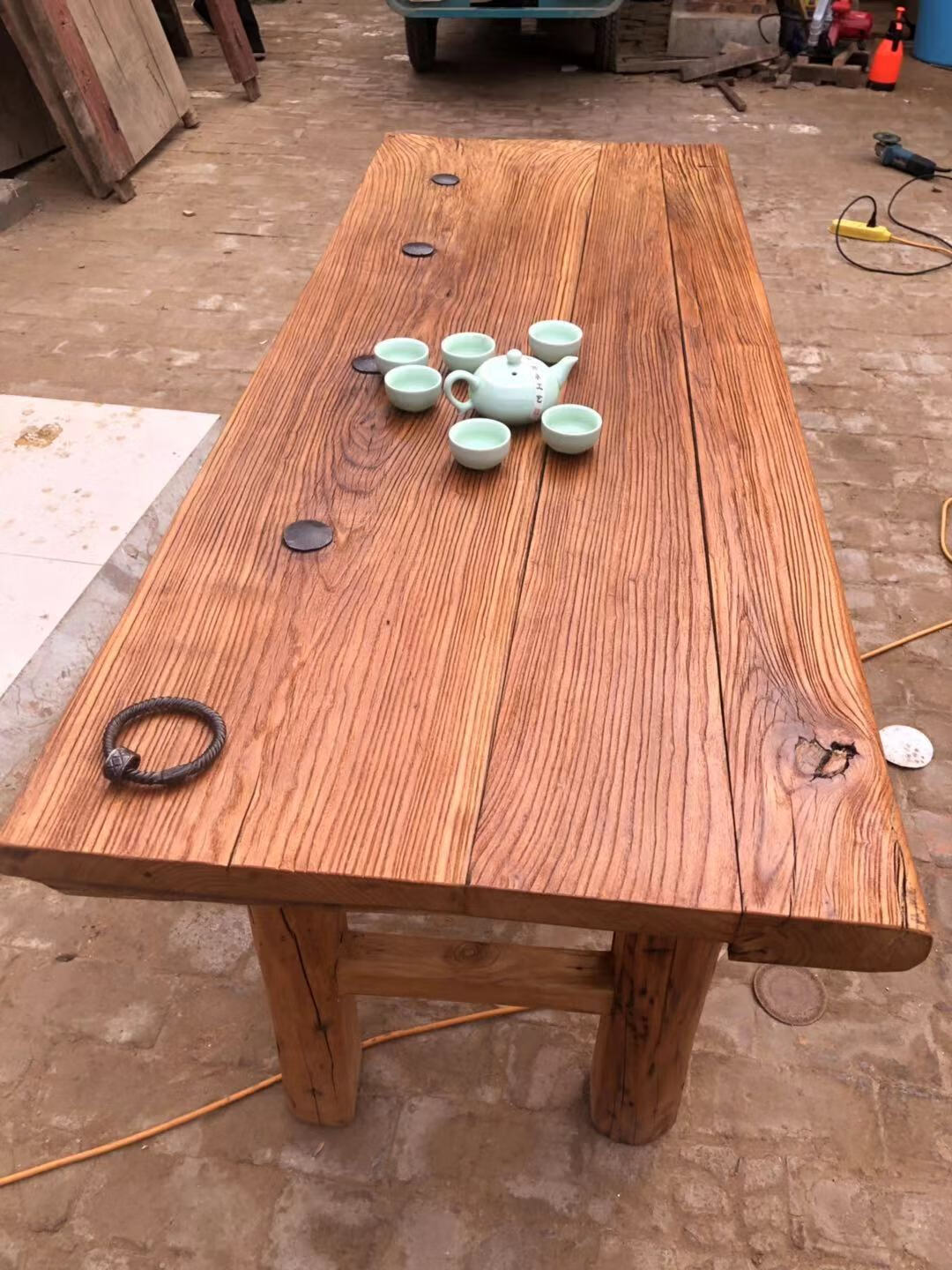 桌复古怀旧吧台旧木板原木风化板茶桌茶 复古圆腿茶桌(170*60高75)