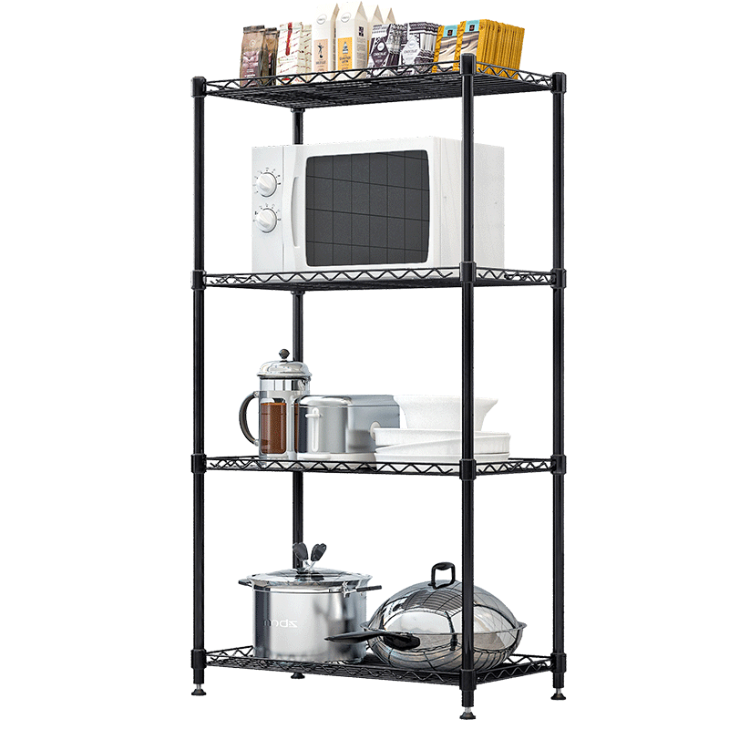 蜗家 厨房置物架 落地多层收纳架家用微波炉层架锅碗架调料架储物架架子蔬菜架搁物架金属脸盆架 四层-黑色【长75cm宽35cm高121cm】