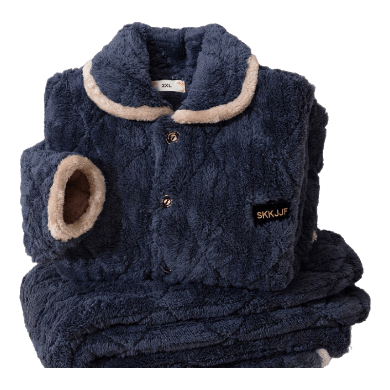 北極絨男士高端睡衣冬季男加厚加絨三層夾棉珊瑚絨翻領(lǐng)紐扣青少年家居服