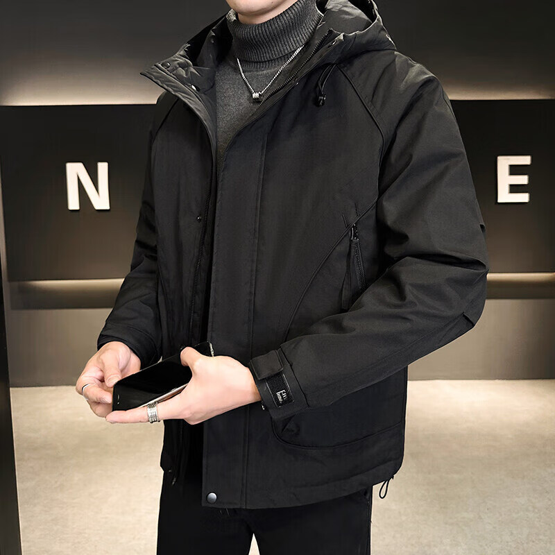 卡柏奇秋季新款男士工装休闲外套加厚棉服宽松休闲 黑色-加绒 M