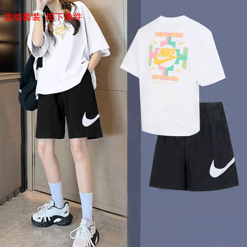 耐克(nike)女装运动套装夏新款休闲舒适透气印花短袖t恤五分裤短裤 dm