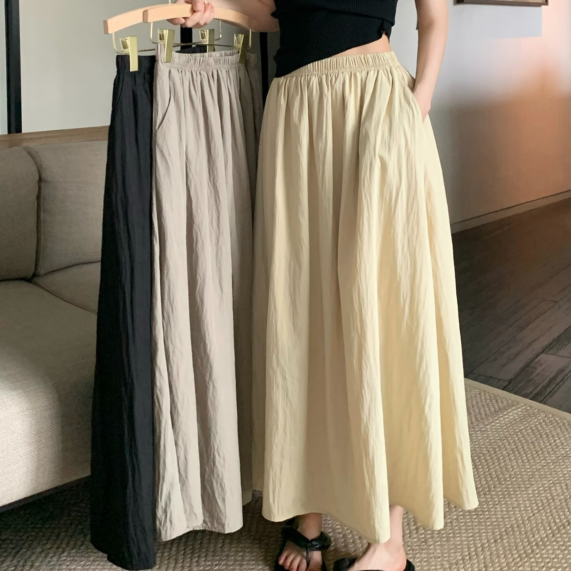 幻领格长裙子半身裙到脚踝a字裙显瘦褶皱中长款女夏季2023新款复古