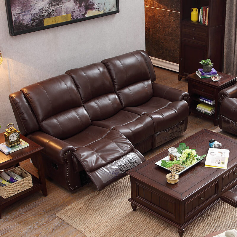 欧思林功能性沙发美式复古皮艺沙发头层牛皮沙发大户型功能性客厅沙发