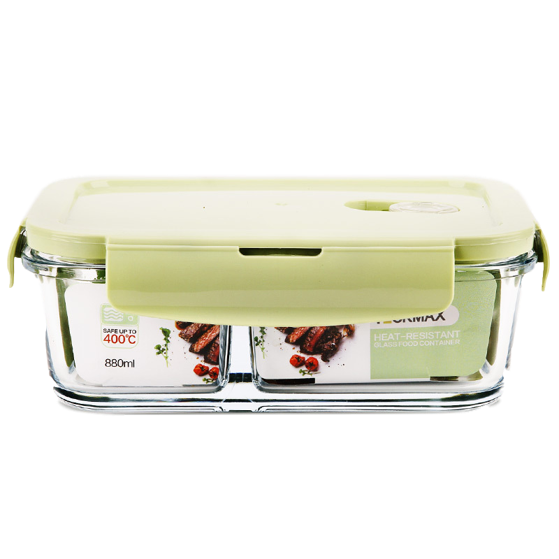 德玛斯 耐热玻璃保鲜盒 微波炉专用加热饭盒 冰箱收纳带盖密封分隔储物便当碗餐盒 北欧绿分隔880ml