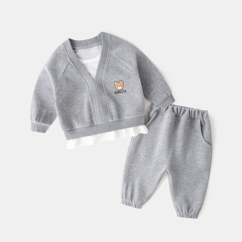 宫钰悦宝宝休闲套装男童春装女童衣服儿童两件套婴儿童装 灰色小熊 73