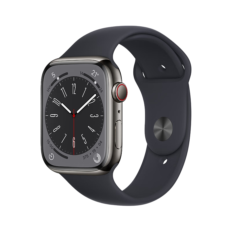 Apple Watch Series 8 智能手表GPS + 蜂窩款45毫米石墨色不銹鋼表殼午夜色運動型表帶 MNKV3CH/A